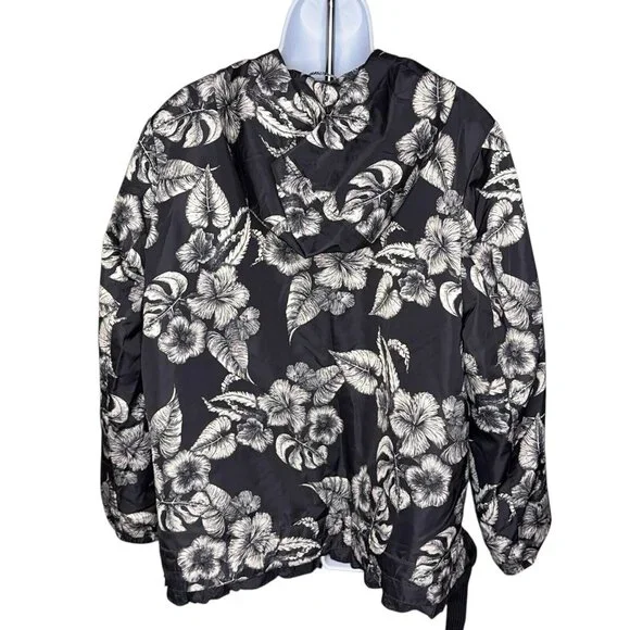 Dennis Basso Jacket Printed Floral Black White Water Resistant Hooded Ruffle Lg - Picture 3 of 16